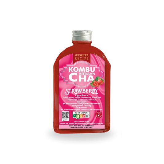 Pink bottle of Wisktea Recipe Artisan KombuCha Strawberry on a white background