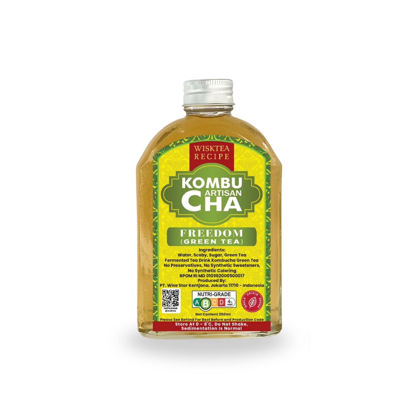 Bottle of Wisktea Recipe Artisan KombuCha Freedom Green Tea with a yellow label on a white background