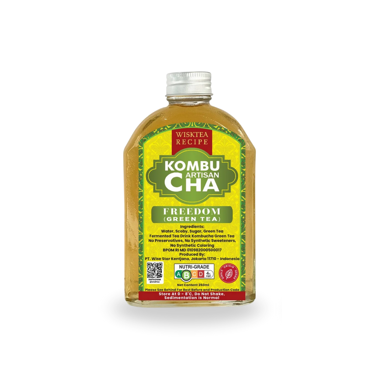 Bottle of Wisktea Recipe Artisan KombuCha Freedom Green Tea with a yellow label on a white background