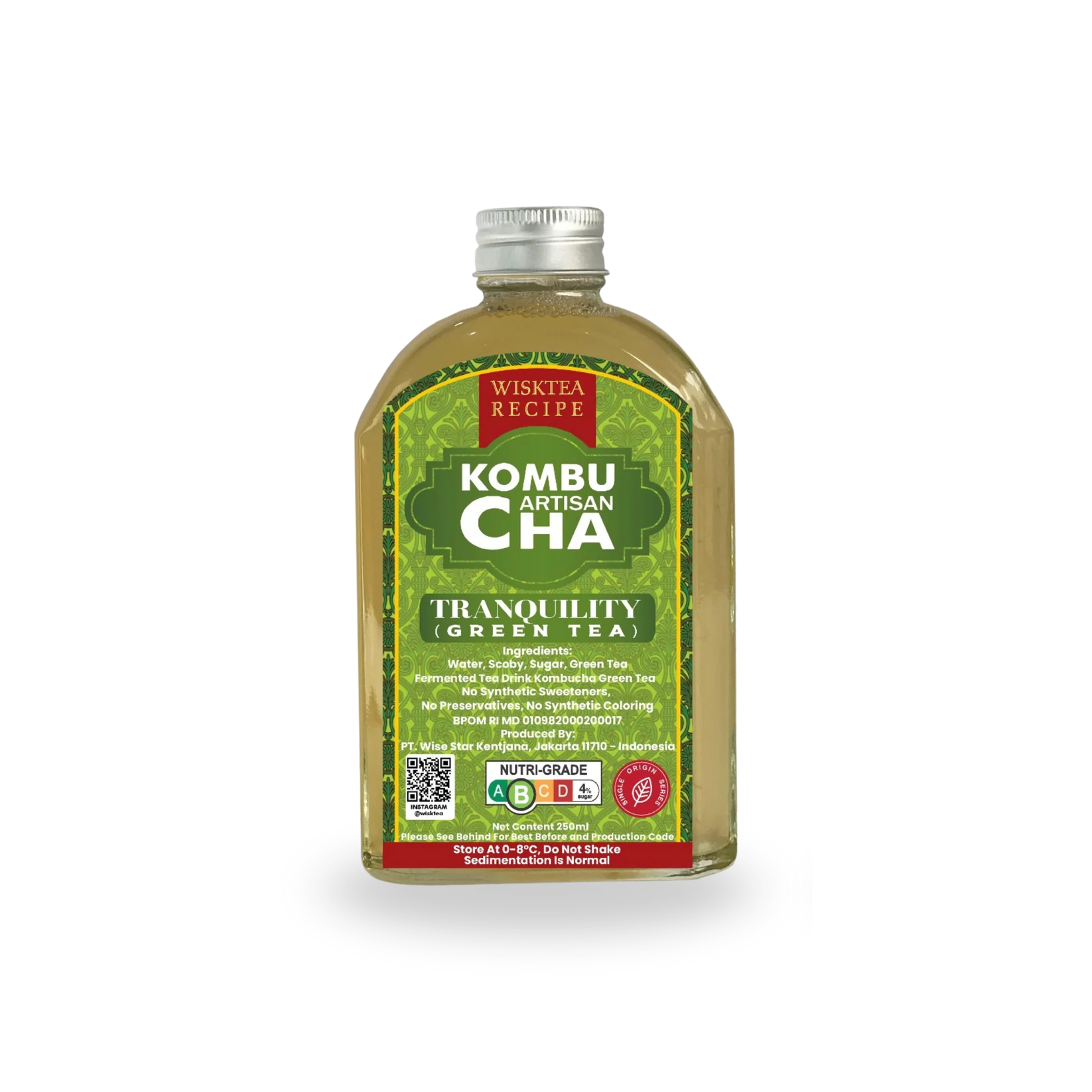 Bottle of Wisktea Recipe Artisan KombuCha Tranquility Green Tea on a white background