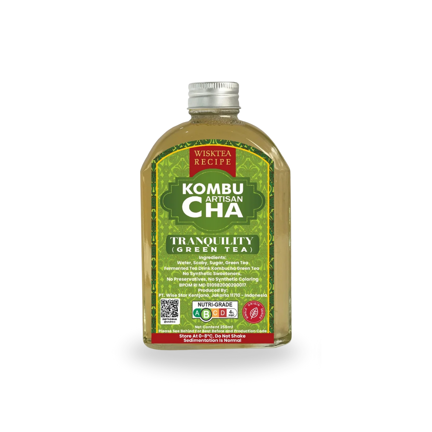 Bottle of Wisktea Recipe Artisan KombuCha Tranquility Green Tea on a white background
