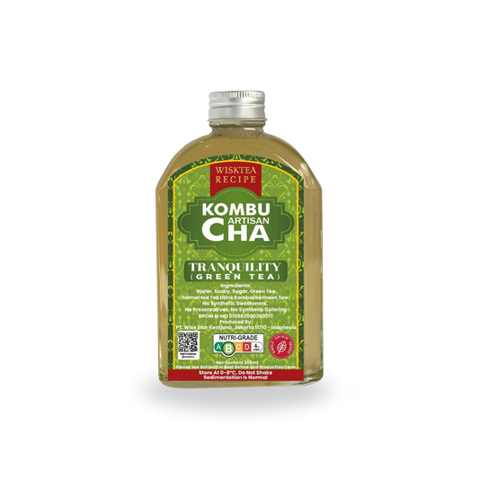 Bottle of Wisktea Recipe Artisan KombuCha Tranquility Green Tea on a white background