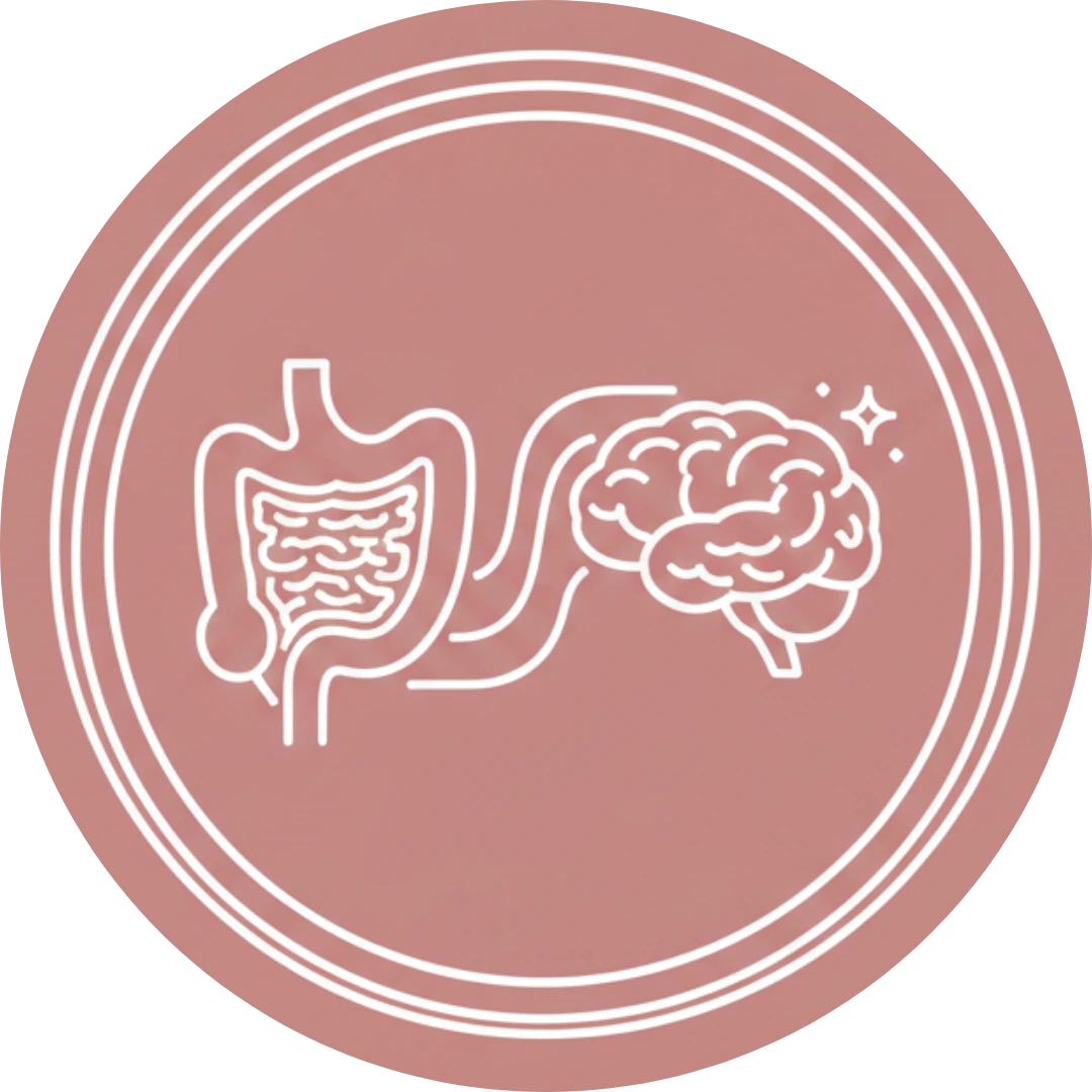Minimalist line art icon of the gut-brain axis representing probiotic support for mood and hormonal balance.