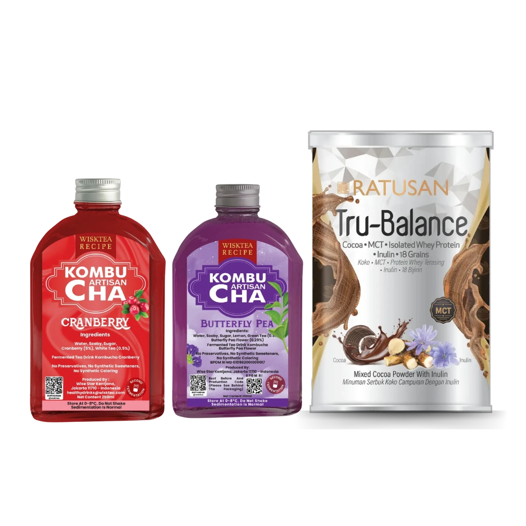 Tru-Balance prebiotic cocoa and Pure Fizz Kombucha bottles, highlighting the connection between gut health, estrogen clearance, and reduced period bloating.