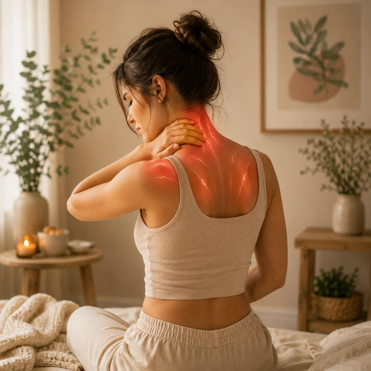 Woman experiencing back, neck, and shoulder aches in a warm calming wellness setting with soft feminine tones and muscle tension illustration overlay.