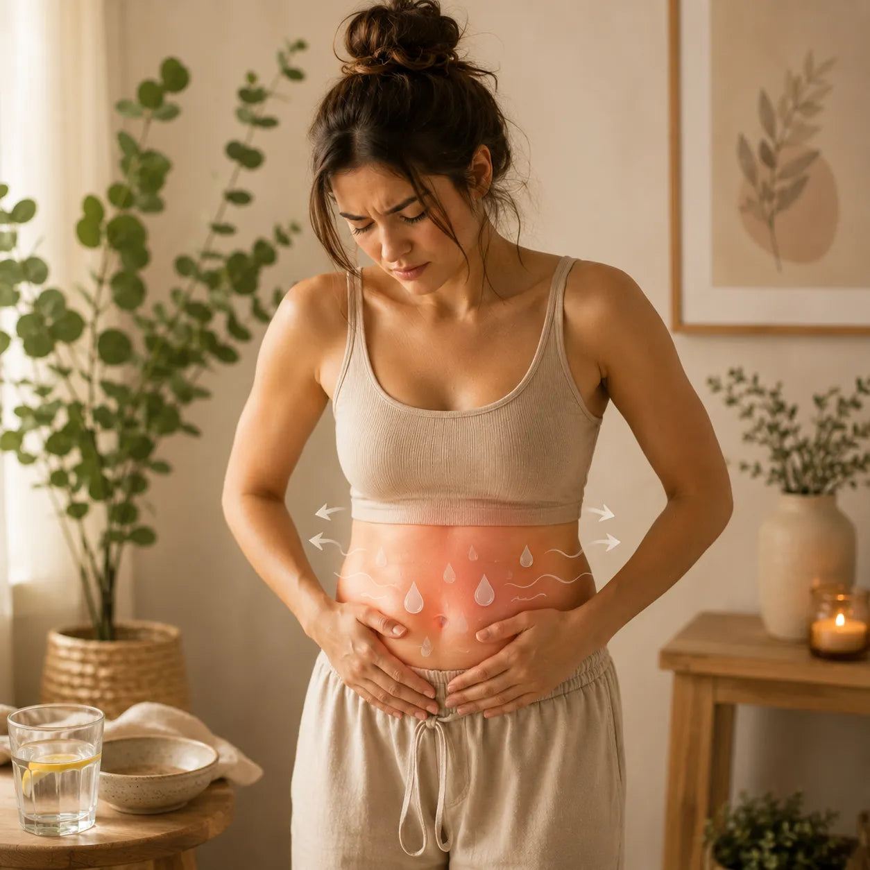 Woman experiencing bloating and water retention while holding her abdomen in a calm neutral-toned wellness setting with soft feminine lighting and digestive discomfort illustration overlay.