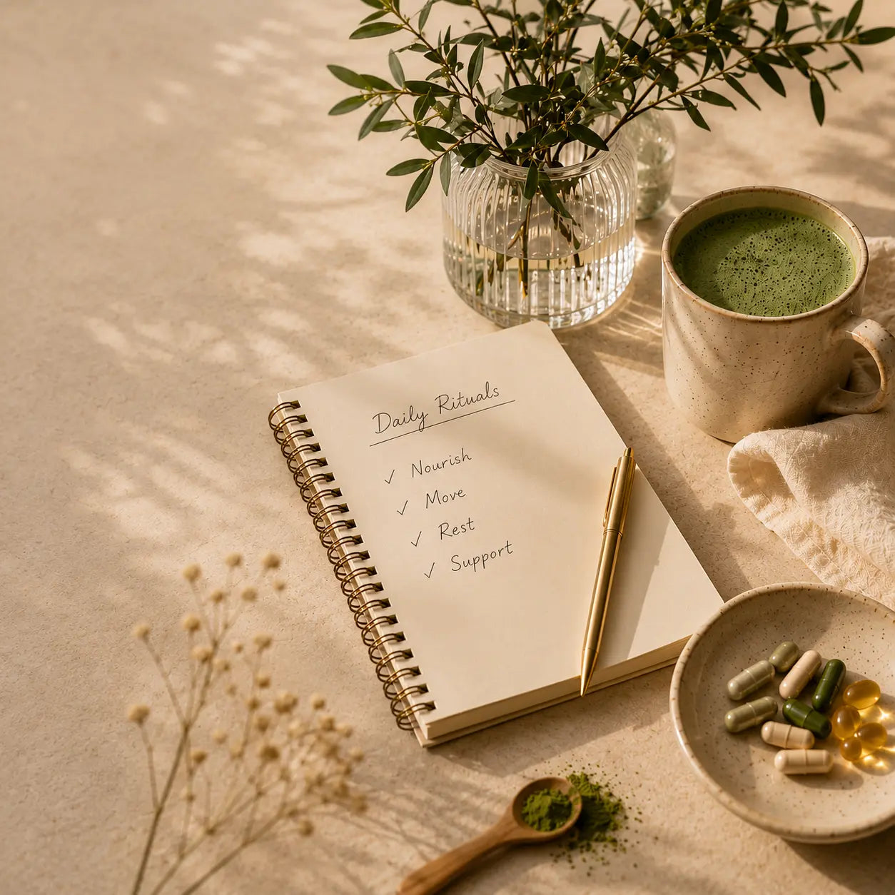 Minimal wellness flat lay featuring daily hormone and gut health rituals with herbal supplements, matcha drink, notebook, and natural self-care elements in warm neutral tones.