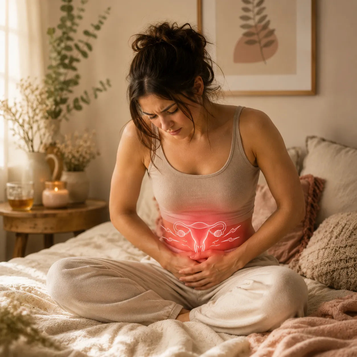 Woman experiencing menstrual cramps while holding her lower abdomen in a warm calming bedroom setting with soft feminine wellness tones and period pain illustration overlay.