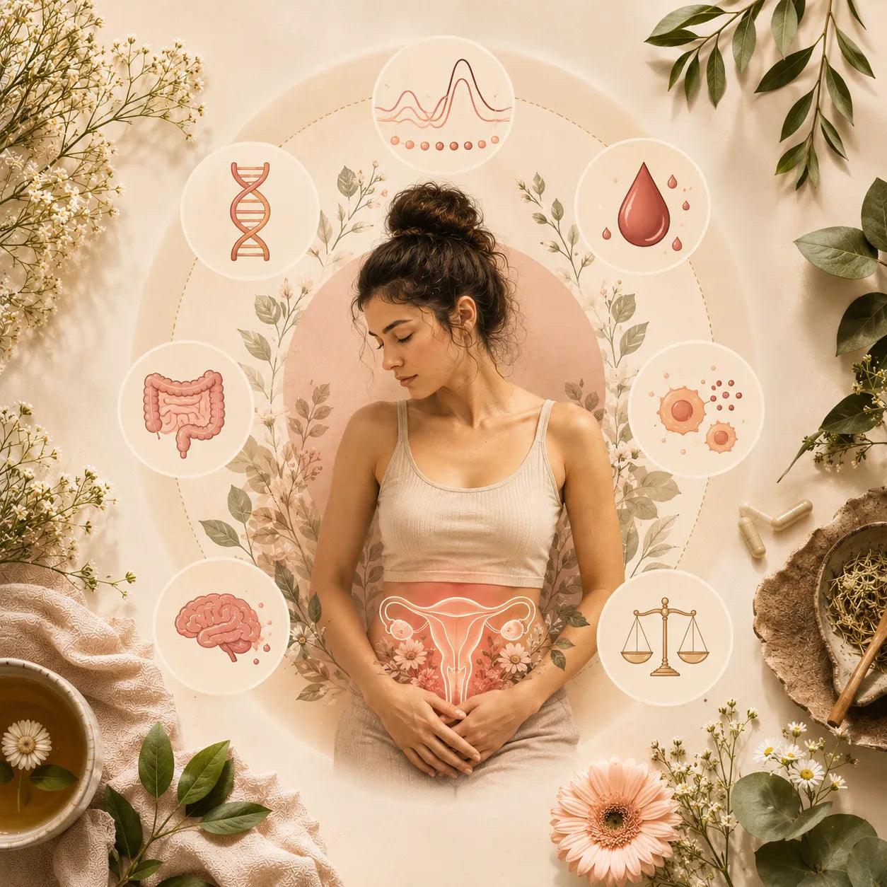 Soft feminine wellness illustration showing hormonal and menstrual health factors connected to period symptoms, including inflammation, gut health, hormones, mood, and cycle balance in warm neutral tones.