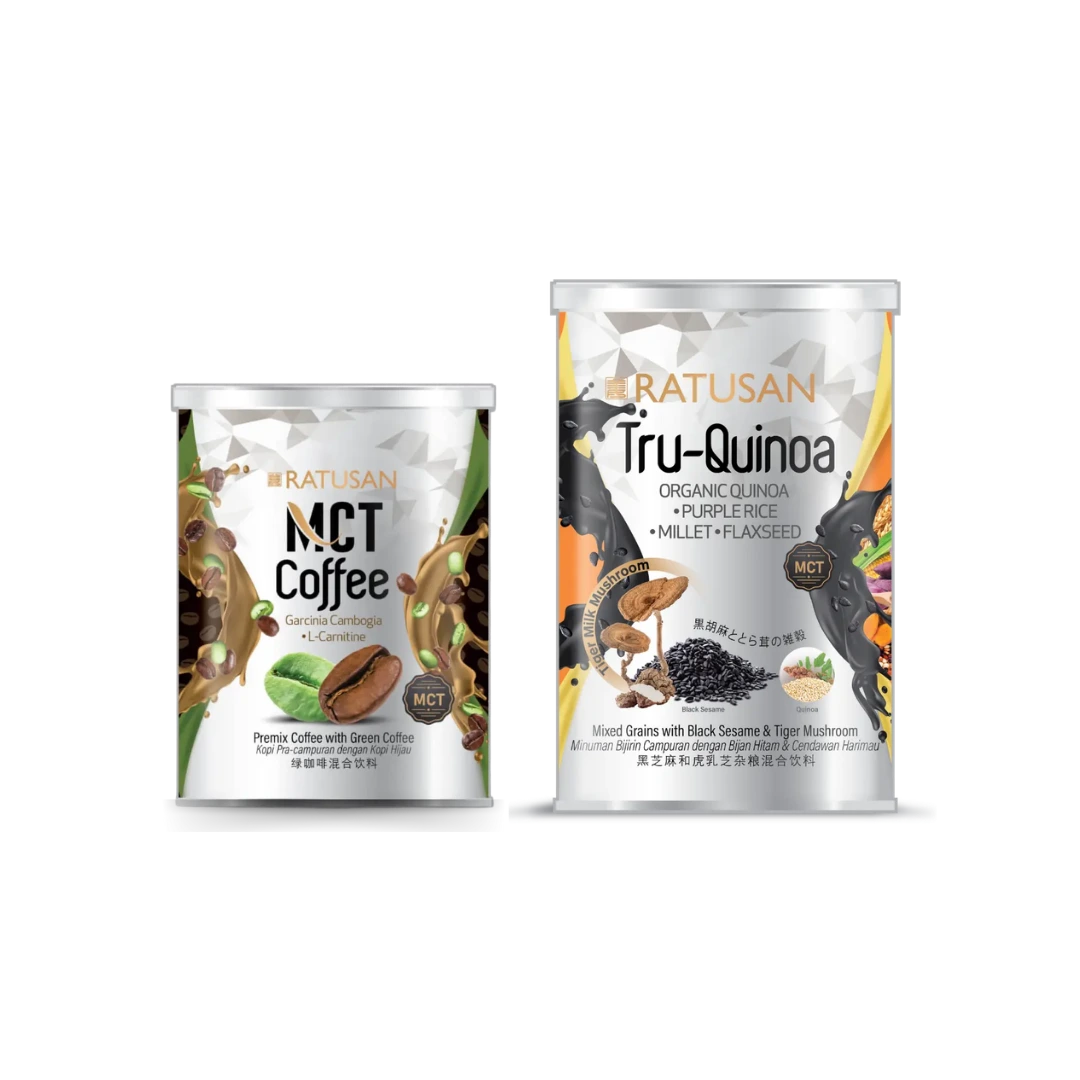 Ratusan MCT Coffee and Tru-Quinoa meal replacement packaging, representing low-caffeine, insulin-stable energy to prevent menstrual cramps and sugar crashes.