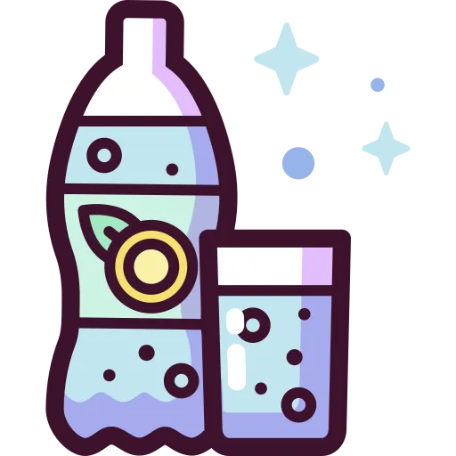 Illustration of a sparkling beverage bottle and glass representing naturally brewed kombucha without artificial carbonated fillers.