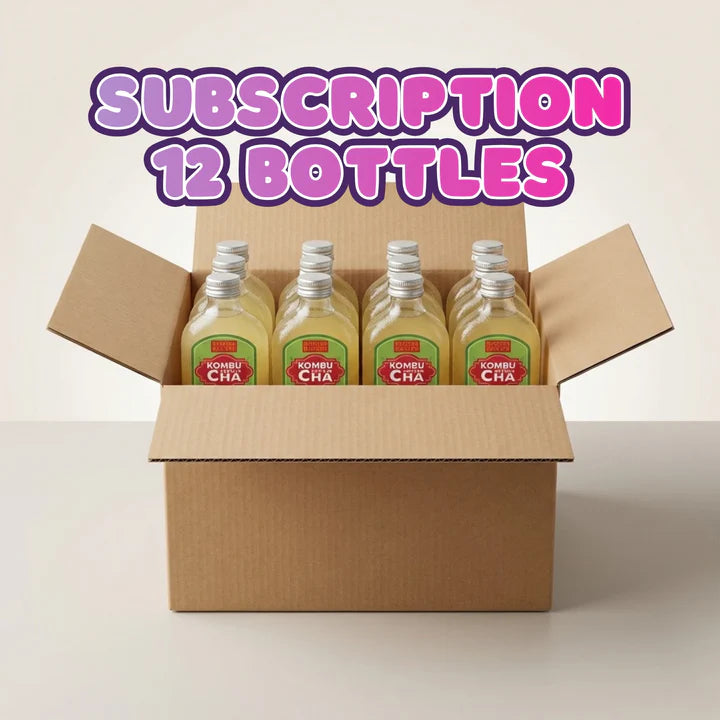 Box of kombucha bottles with 'Subscription 12 Bottles' text on a light background