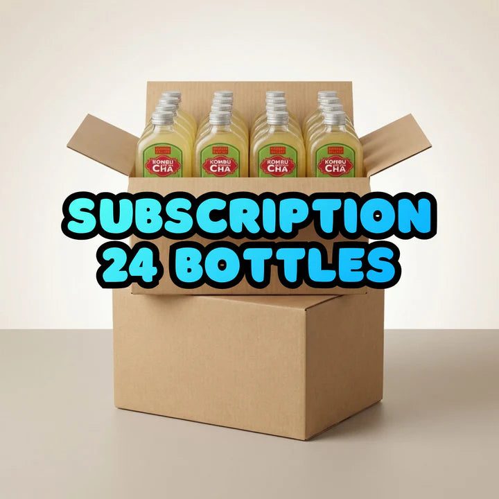 Cardboard box with 24 bottles of 'Kombucha' and text 'Subscription 24 Bottles' on a beige background