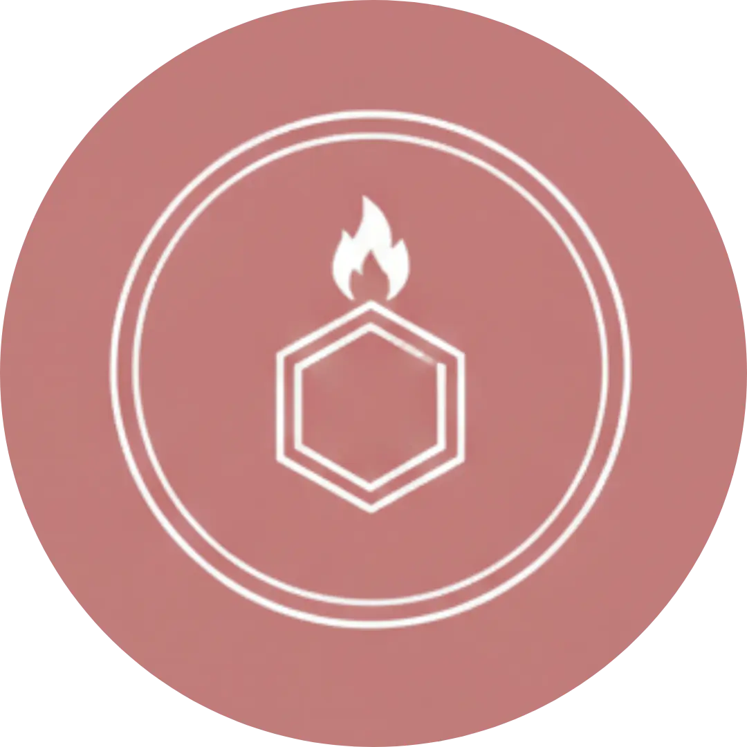Minimalist icon of a molecular energy structure with a flame, representing low-sugar MCT oil for stable insulin levels and reduced period cravings.
