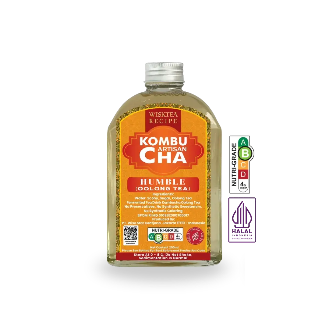 WiskTea Oolong Tea Kombucha Humble, a naturally fermented oolong tea kombucha offering a smooth and balanced flavour experience.