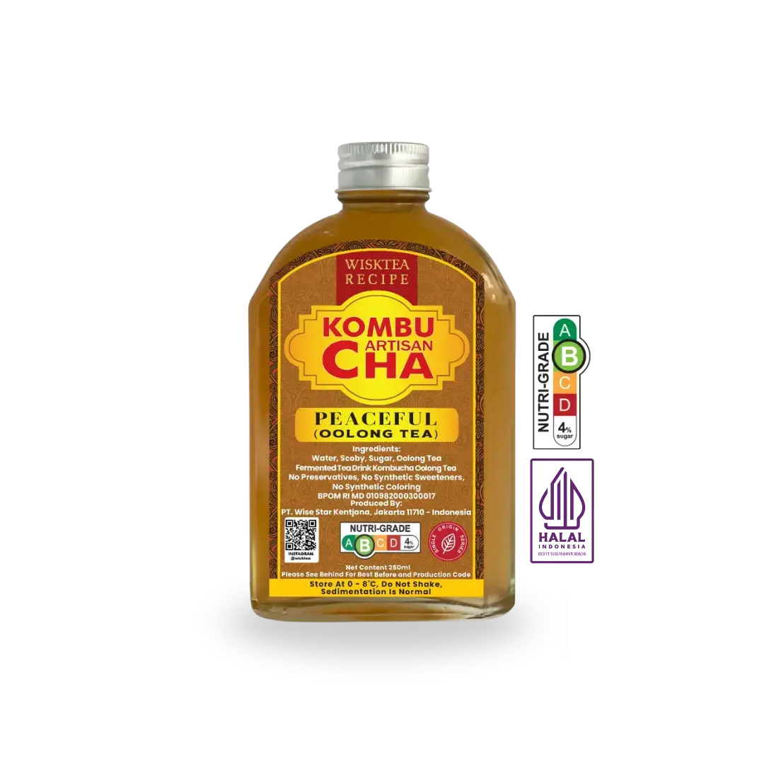 WiskTea Oolong Tea Kombucha Peaceful, a naturally fermented oolong tea kombucha crafted for mindful daily refreshment.