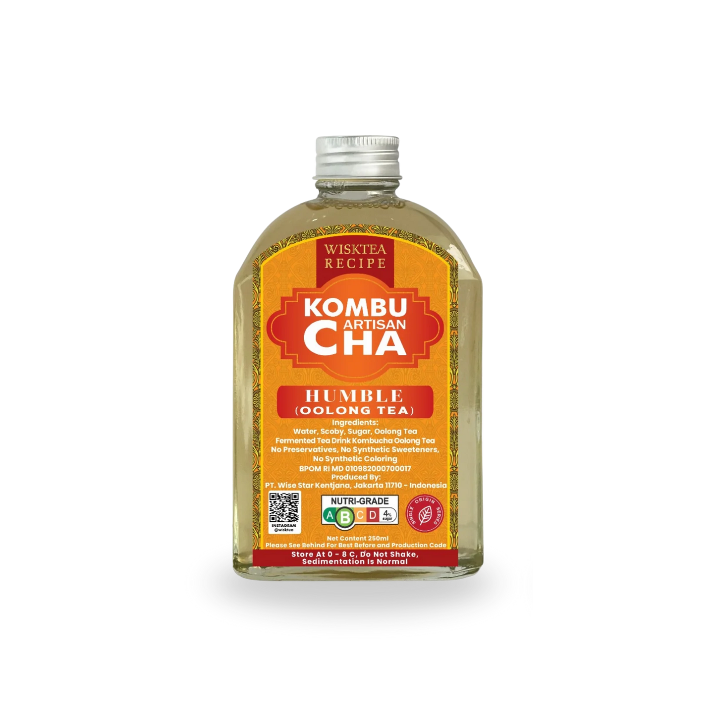 Bottle of Wisktea Recipe Artisan KombuCha with a yellow label on a white background