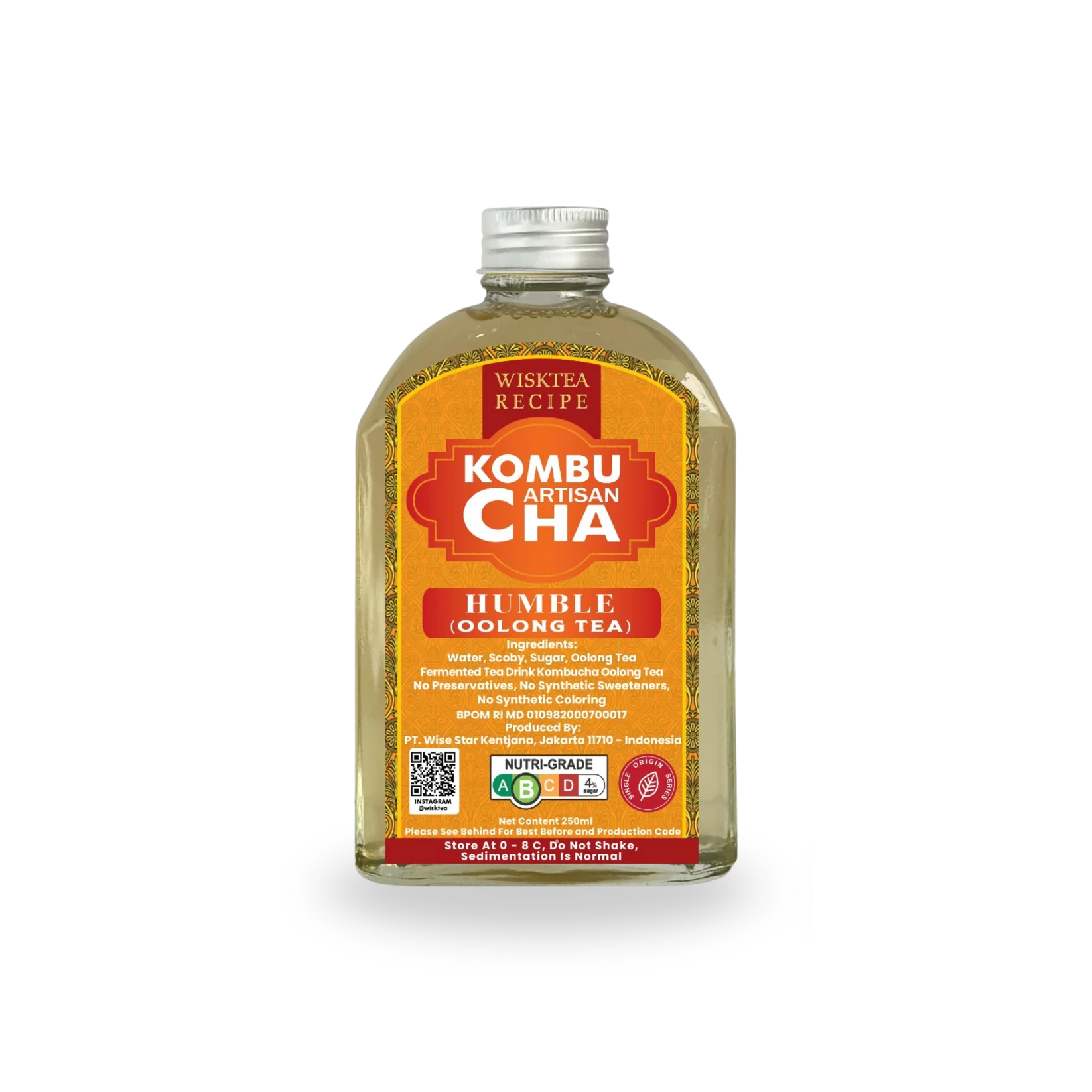 Bottle of Wisktea Recipe Artisan KombuCha with a yellow label on a white background