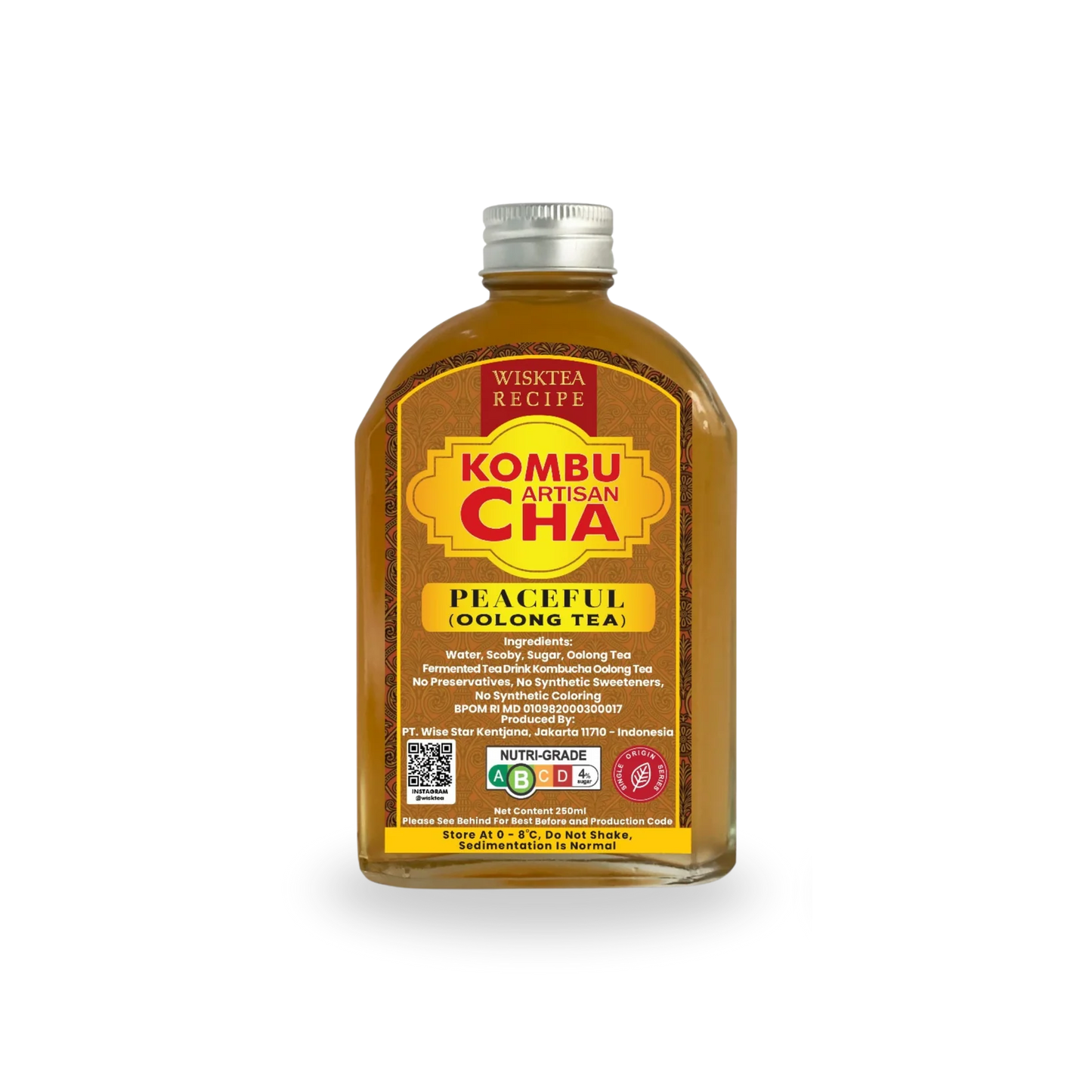 Bottle of Wisktea Recipe Artisan KombuCha Tea with a yellow label on a white background
