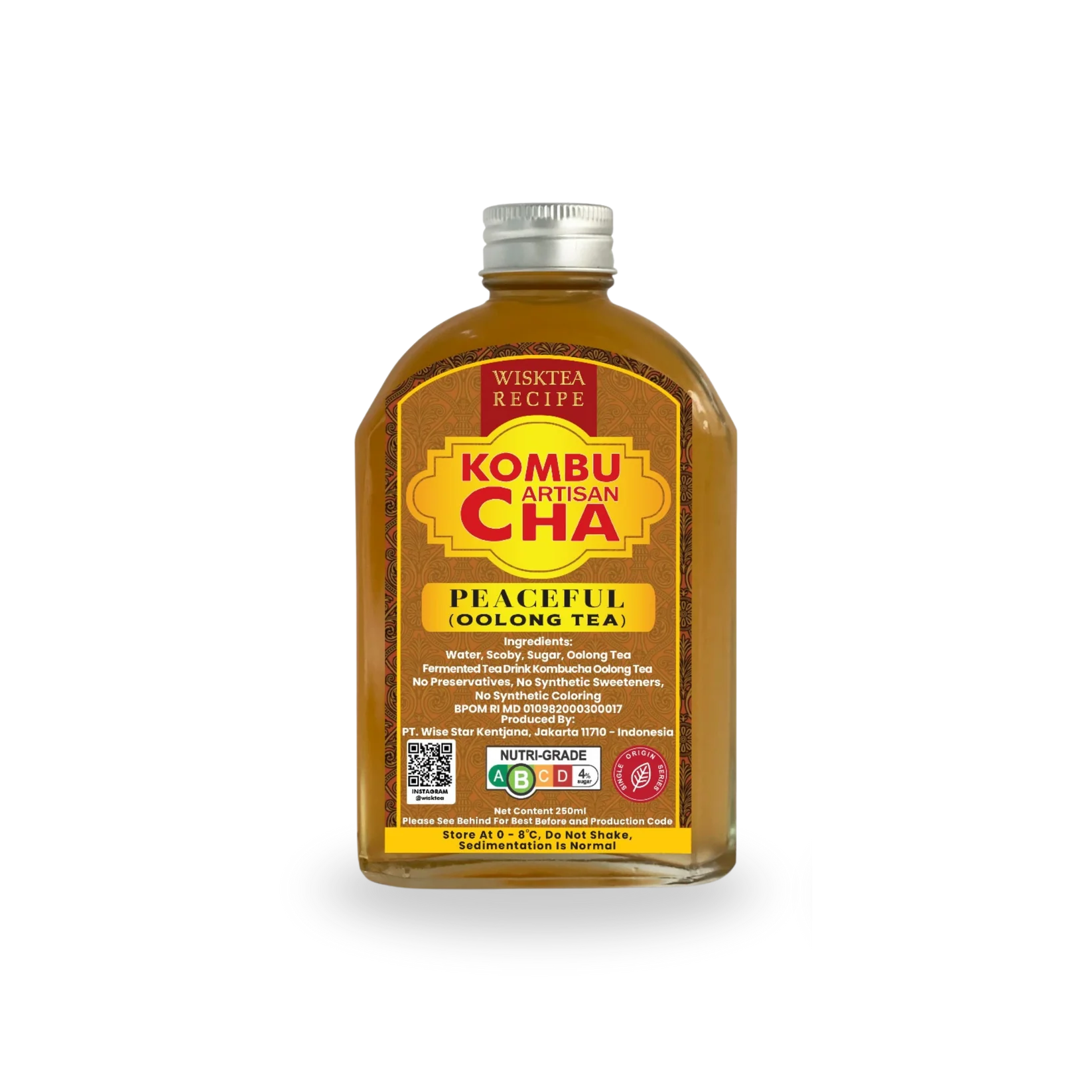 Bottle of Wisktea Recipe Artisan KombuCha Tea with a yellow label on a white background