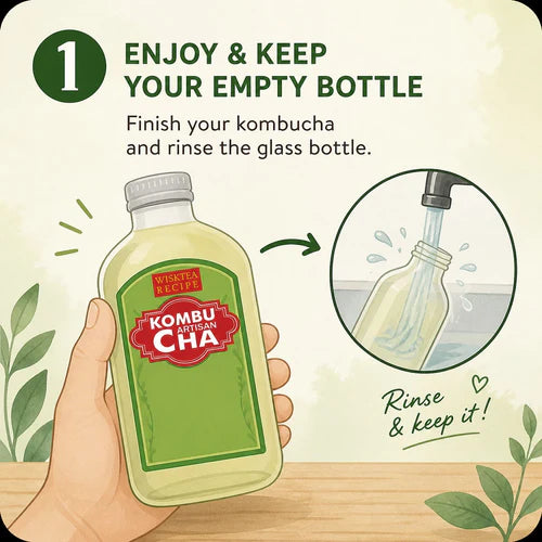 WiskTea Kombucha bottle return program step 1, showing a customer rinsing and keeping an empty glass kombucha bottle for recycling and reuse.