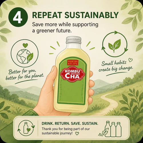 WiskTea Kombucha sustainability program step 4, encouraging customers to return bottles, save money, and support a greener future through bottle reuse.