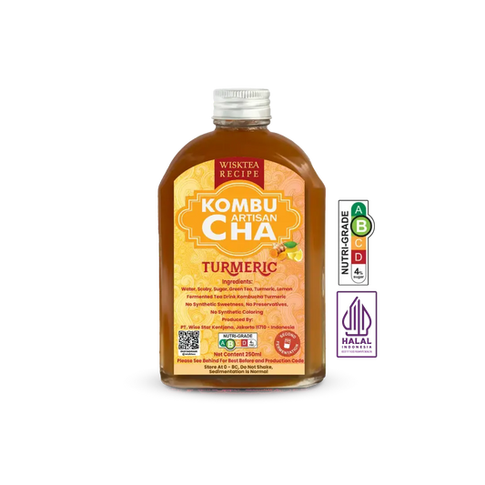 Turmeric kombucha with live cultures and natural turmeric infusion supporting digestive wellness and daily vitality.