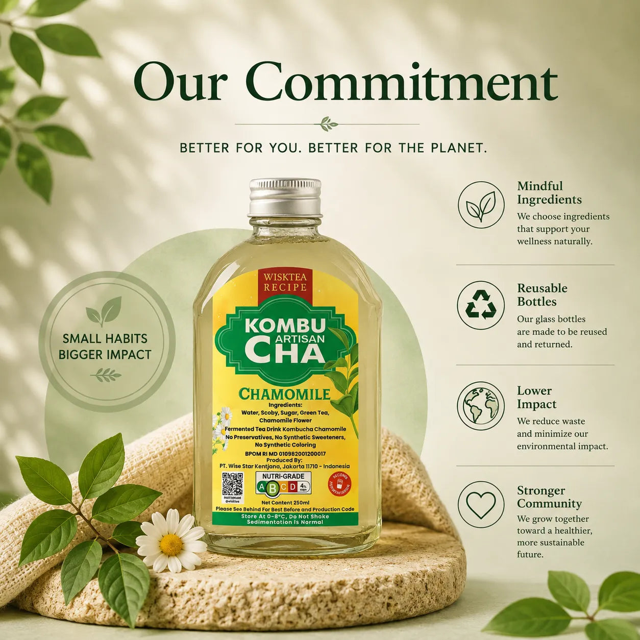 WiskTea Chamomile Kombucha sustainability poster highlighting reusable glass bottles, mindful ingredients, waste reduction, and environmental responsibility as part of the brand's commitment to a healthier planet.