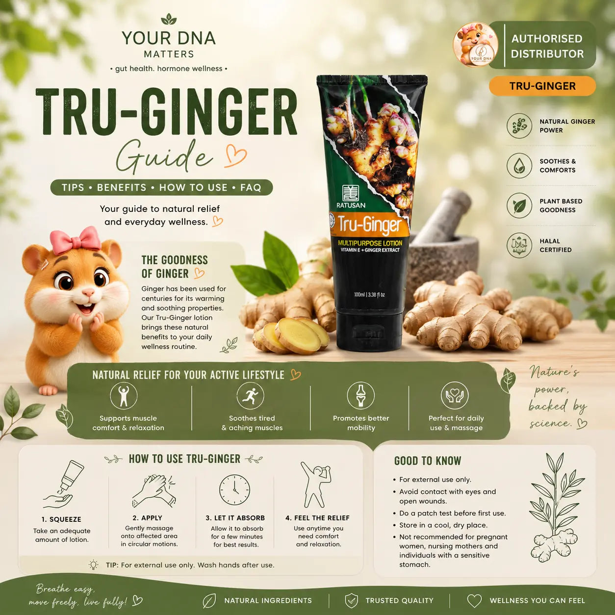 Your DNA Matters Tru-Ginger Guide cover featuring Ratusan Tru-Ginger multipurpose lotion with application tips and wellness support.
