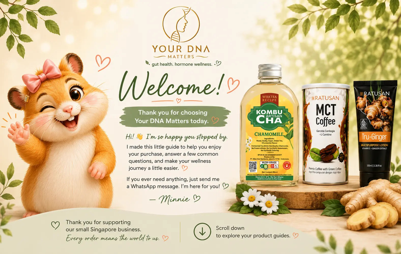 Welcome Guide banner by Your DNA Matters featuring the Hormone Hamster mascot, WhiskTea Kombucha, Ratusan MCT Coffee and Tru-Ginger Lotion, welcoming customers to begin their gut health and hormone wellness journey.
